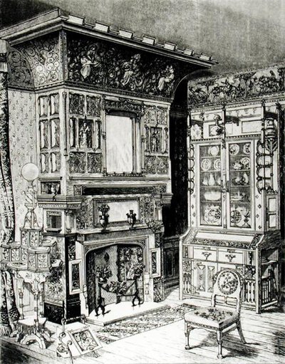 Cabinet gothique et cheminée richement décorée d