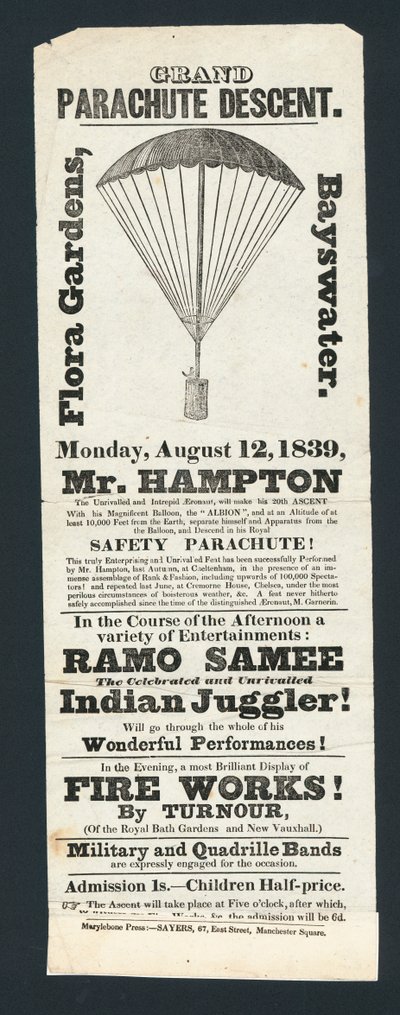Descente en parachute, Flora Gardens, Bayswater, 12 août 1839 - English School