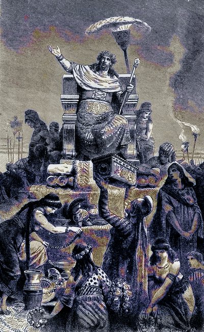 Dégénérescence grecque - Crésus sur le bûcher funéraire, illustration de The Illustrated History of the World, publiée vers 1880 - English School