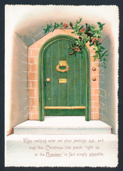 Porte verte entourée de houx, carte de Noël - English School
