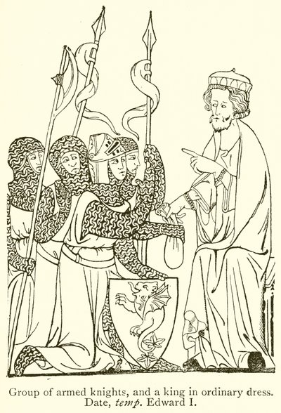 Groupe de chevaliers armés et un roi en tenue ordinaire. Date, époque d