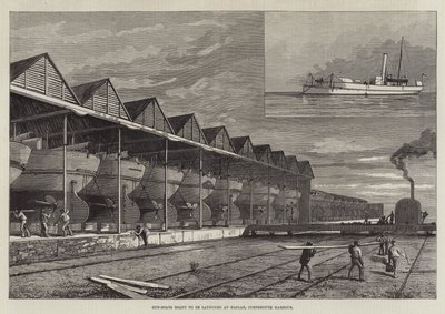 Canonnières prêtes à être lancées à Haslar, port de Portsmouth (gravure) - English School