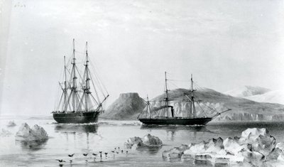 HMS Assistance remorquée par Pioneer passant John Harrow Mount, North Wellington Channel en 1853 - English School
