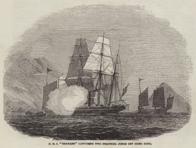 HMS "Reynard" capturant deux jonques pirates au large de Hong Kong (gravure) - English School