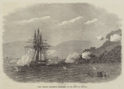 HMS Rinaldo bombardant Salangore, dans le détroit de Malacca (gravure) - English School
