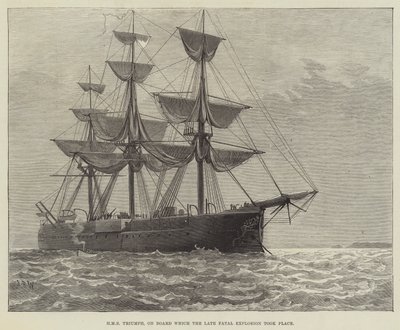 HMS Triumph, à bord duquel a eu lieu la dernière explosion fatale (gravure) - English School