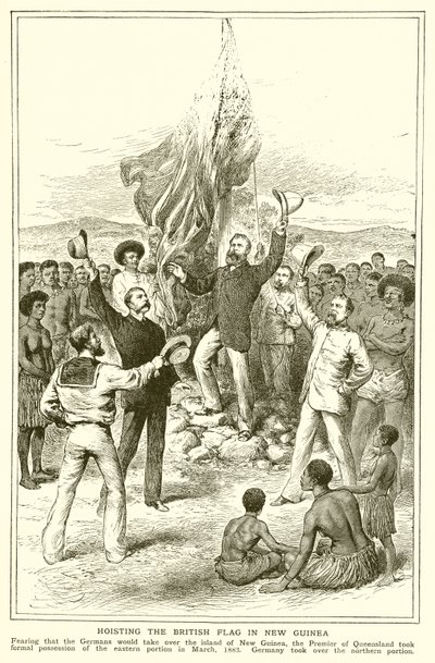 H. M. Chester, magistrat du Queensland lors de la levée du drapeau britannique en Nouvelle-Guinée, mars 1883 - English School