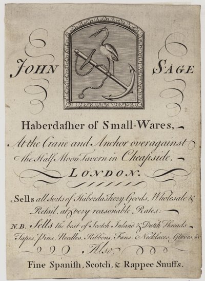 Mercerie, John Sage, carte de visite - English School