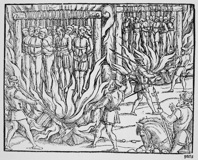 Pendaison et brûlage de diverses personnes dans la première année du règne de Henri V (gravure) - English School