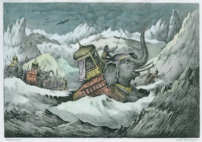 Hannibal (247-c.183 av. J.-C.) et ses éléphants de guerre traversant les Alpes (coloration ultérieure) - English School
