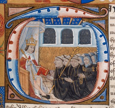 Initiale historiée représentant le roi Henri VII recevant le livre, illustration des 