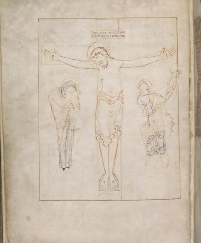 Harley 2904, f.3v, La Crucifixion; avec la Vierge, et Saint Jean inscrivant son témoignage sur un parchemin, du Psautier de Ramsey, c.900-1000 - English School