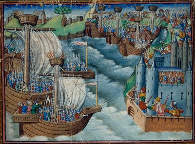 La flotte chrétienne attaque le port de Gaeta en Italie, détenu par les Turcs, de Les Trois Fils des Rois, c.1500 - English School