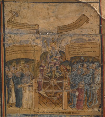 Harley 7353 Roi Édouard IV sur la roue de la Fortune, flanqué des ducs de Clarence et de Gloucester et des représentants de l