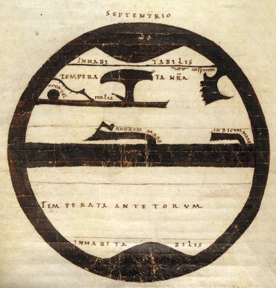 Harley MS 2772 f. 70v, Carte du monde zonale diagrammatique, c.1050 (encre et tempera sur parchemin) - English School