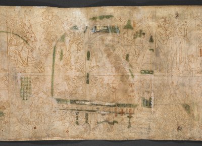 Harley Roll Y 6, Rondel 16v, Au verso des Rondels 14-18 se trouvent une série de dessins du 14ème siècle, en deux registres, avec des scènes du livre de I Samuel, chapitres 1-4, de la 