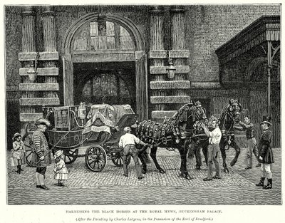 Harnachement des chevaux noirs au Royal Mews, Buckingham Palace (gravure) - English School