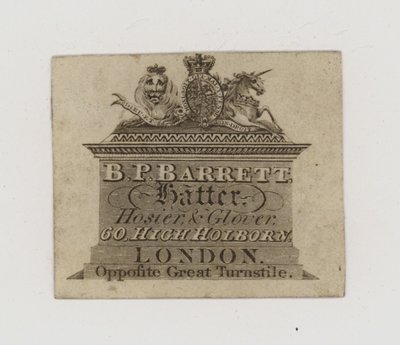 Chapeliers, B P Barrett, carte de visite - English School