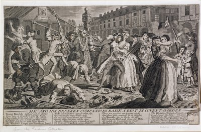 Lui et ses compagnons ivres provoquent une émeute à Covent Garden, 1735 - English School