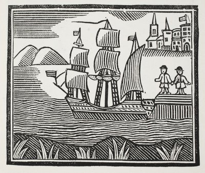 Il prend la mer pour son voyage événementiel, illustration de Chap-books du XVIIIe siècle par John Ashton, pub. 1882 - English School