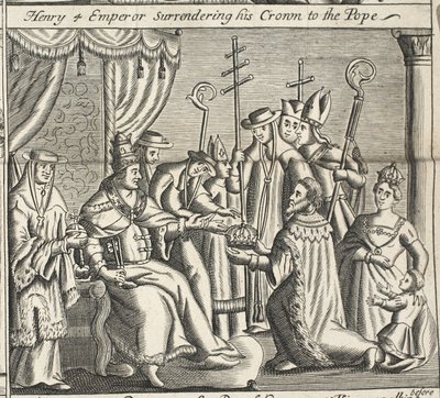 Henri IV empereur remettant sa couronne au pape, illustration des Actes et Monuments de John Foxe, neuvième édition, pub. 1684 - English School