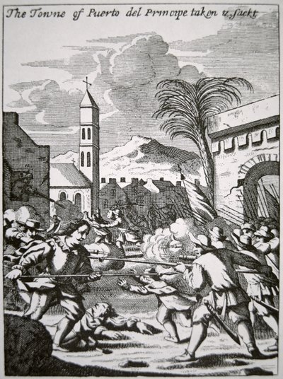 Henry Morgan capture et pille la ville de Puerto de Principe, Cuba, en 1668, illustration de 