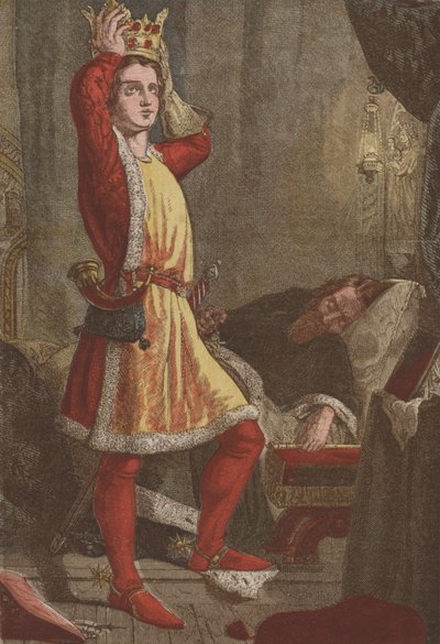 Henri, prince de Galles, le futur roi Henri V, essayant la couronne de son père - English School
