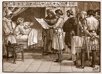 Henri recevant la nouvelle de la trahison de Jean, illustration de Cassells Illustrated History of England - English School