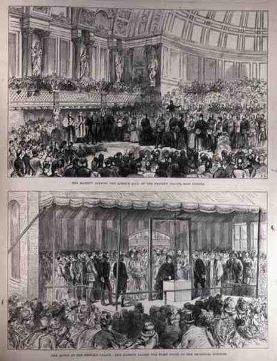Sa Majesté ouvrant la salle de la reine du Palais du Peuple et posant la première pierre des écoles techniques, de The Illustrated London News, 21 mai 1887 - English School