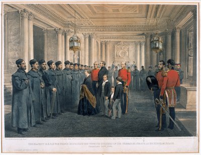 Sa Majesté la reine Victoria (1819-1901) et S.A.R. le prince Albert (1819-61) inspectant les soldats blessés des Grenadier Guards au palais de Buckingham, 1855 - English School