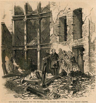 Sa Majesté, accompagnée de la Princesse Royale, visitant les ruines du Théâtre de Covent Garden, Londres - English School