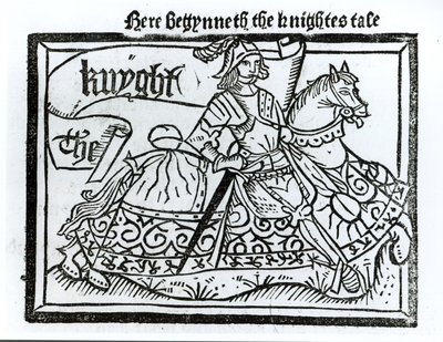 Ici commence le Conte du Chevalier, illustration des Contes de Canterbury de Geoffrey Chaucer (c.1345-1400) imprimé par William Caxton (c.1422-91) 1434 - English School