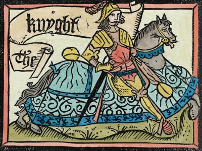 Ici commence le conte du chevalier, illustration des Contes de Canterbury de Geoffrey Chaucer imprimé par William Caxton 1434 - English School
