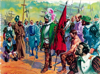 Hernando Cortes arrivant au Mexique en 1519 - English School
