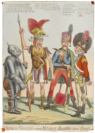 Héros en Conseil - ou une querelle militaire sur la tenue, vers 1820 (gravure en couleur) - English School