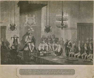 Son Altesse Royale le Prince Régent prononçant un discours à la Chambre des Lords - English School