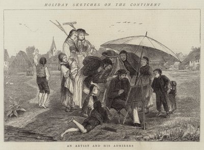 Croquis de vacances sur le continent, un artiste et ses admirateurs (gravure) - English School