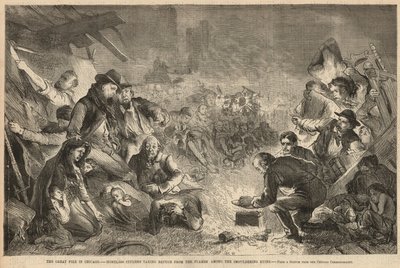 Citoyens sans abri se réfugiant des flammes parmi les ruines fumantes - English School