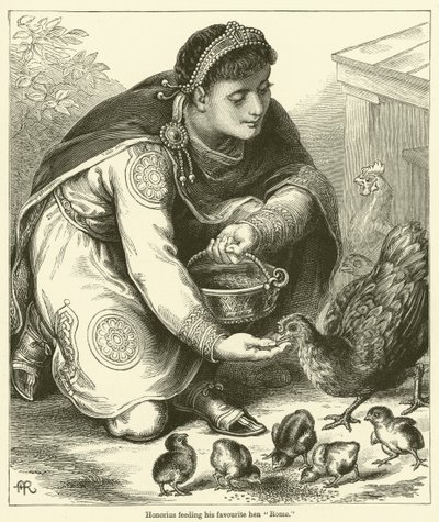 Honorius nourrissant sa poule préférée "Rome" (gravure) - English School
