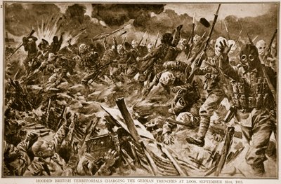 Territoriaux britanniques cagoulés chargeant les tranchées allemandes à Loos, 25 septembre 1915, 1914-19 - English School