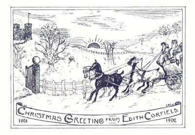 Cheval et calèche voyageant vers le château, Carte de Noël - English School