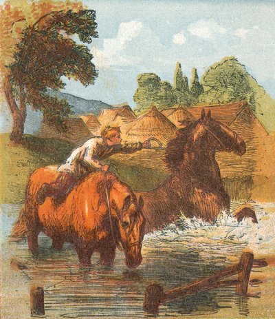 Chevaux buvant dans un étang - English School