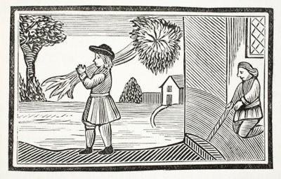 Comment la grande force de Tom Hickathrift est devenue connue, illustration de Chap-books du XVIIIe siècle par John Ashton, pub. 1882 - English School