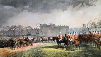Hyde Park - La princesse passant les lignes des volontaires, 7 mars 1863, de A Memorial of the Marriage of Edward VII and Alexandra of Denmark, pub. 1864 - English School
