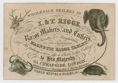 I & T Rigge, fabricants de rasoirs et couteliers, carte de visite - English School