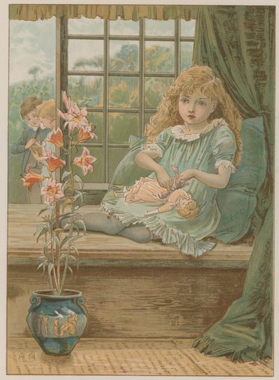 Illustration représentant une jeune fille assise sur un siège de fenêtre - English School