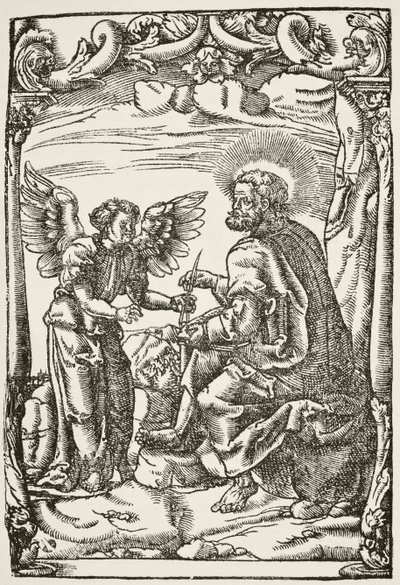 Illustration du début de la première traduction anglaise du Nouveau Testament par Tyndale, publiée à Cologne en 1525, tirée de The National and Domestic History of England par William Hickman Smith Aubrey - English School