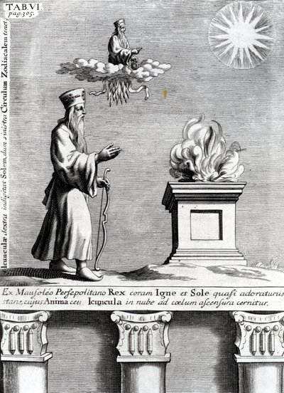 Illustration de Zoroastre adorant le feu et le soleil, 1697 - English School
