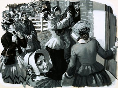 En 1848, Elizabeth Cady Stanton a organisé une réunion de suffragettes à New York (gouache sur papier) - English School
