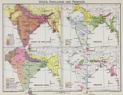 Inde, population et produits (lithographie en couleur) - English School